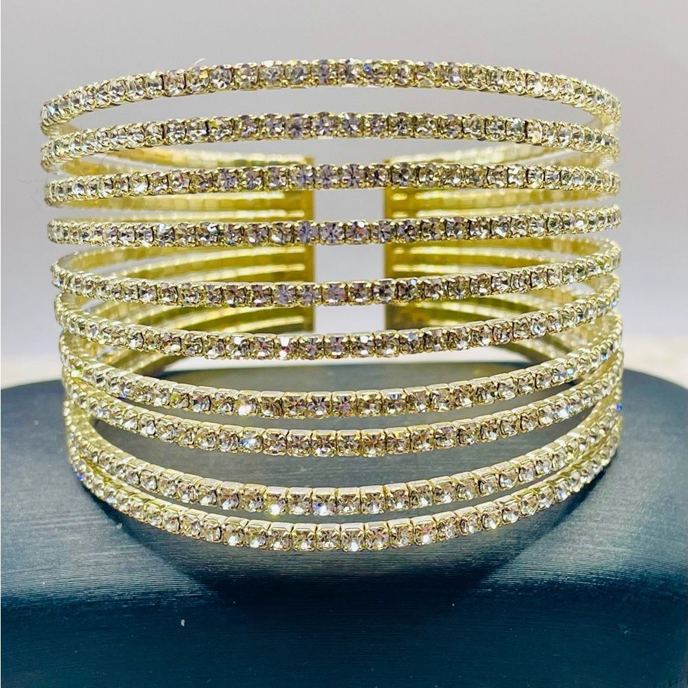 10 Row Multi Layer Pave Rhinestone Flexible Cuff Bracelet in Gold Tone